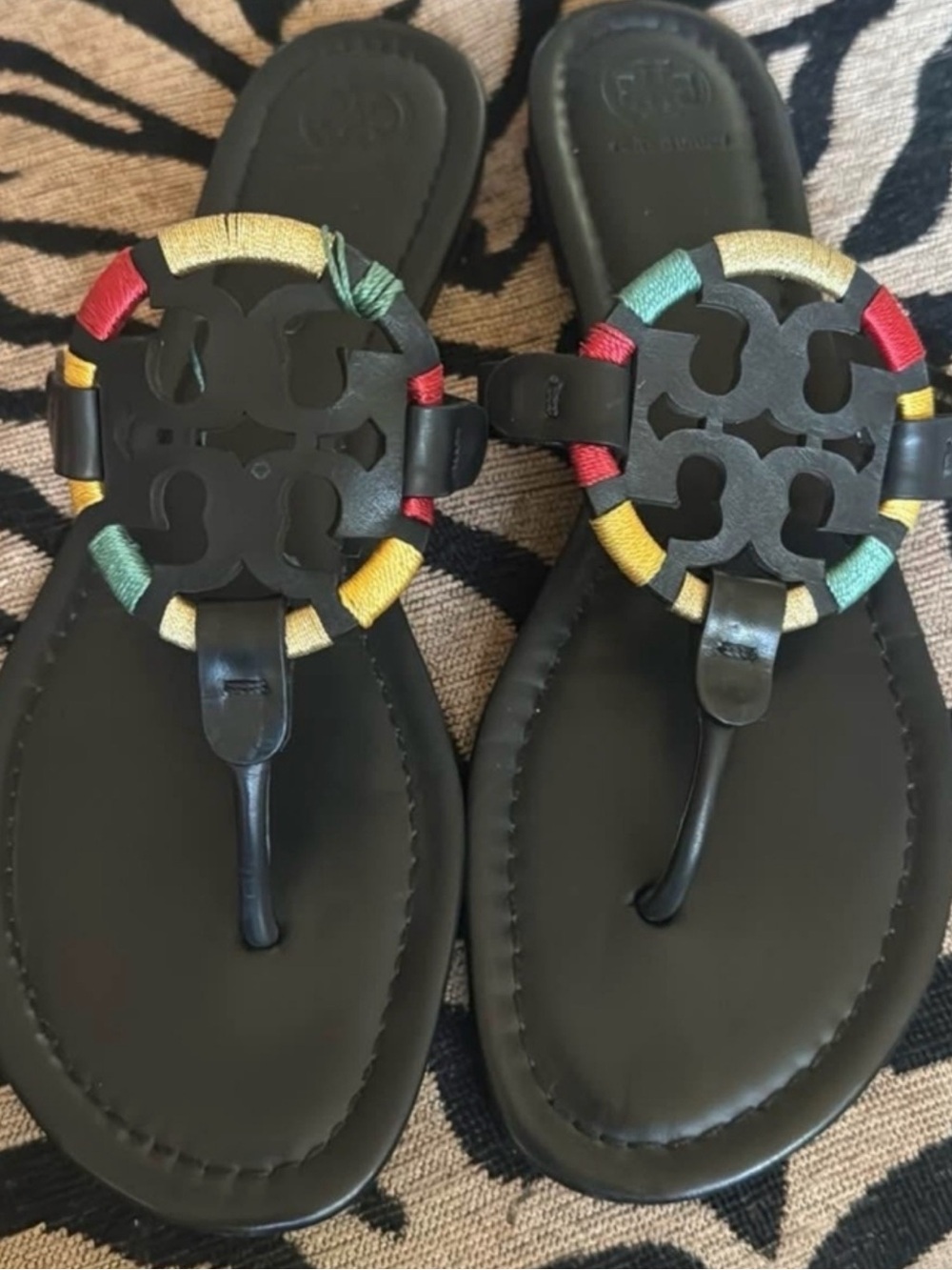 Tory Burch Miller Black Leather Logo Thong Sandals with Red, Green Yellow Accent